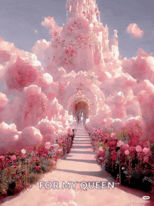 a picture of a castle surrounded by pink clouds with the words for my queen below it