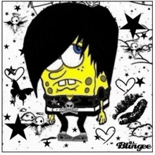 a cartoon of spongebob with black hair and a skull on his pants .