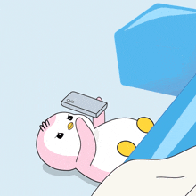 a cartoon of a penguin laying on the floor holding a remote control