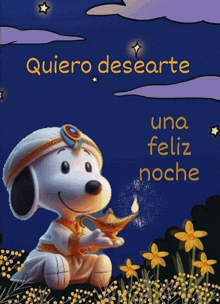 a cartoon of snoopy holding a lamp with the words " quiero desearte una feliz noche "