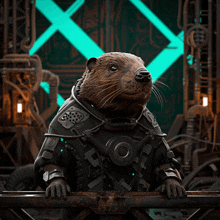 a 3d rendering of a beaver wearing a futuristic suit