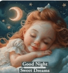 a little girl is sleeping on a cloud with the words `` good night sweet dreams '' above her .