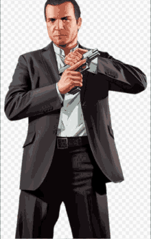 a man in a suit is holding a gun in his left hand