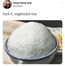 a bowl of rice with the caption " beep boop bop fuck it organized rice "