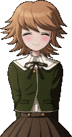 a girl with brown hair is smiling and wearing a green jacket and brown skirt