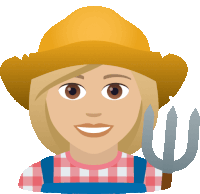 an illustration of a woman wearing a straw hat and overalls holding a pitchfork