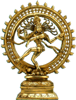 a gold statue of a woman dancing in a circle with a white background