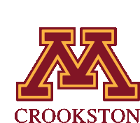 a maroon and gold logo for crookston with the letter m