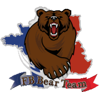 a logo for the fb bear team with a bear and a map