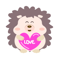 a cartoon hedgehog holding a pink heart with the word love on it