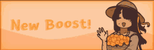 a cartoon of a girl holding a basket of flowers with the words " new boost " above her