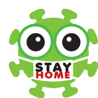 a green cartoon character wearing a mask with the words stay home on it