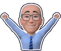 a cartoon man with glasses and a blue shirt and tie is raising his arms in the air