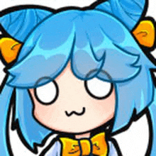 a cartoon girl with blue hair and orange ears is wearing a yellow bow tie .