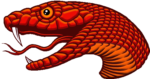 a cartoon drawing of a red snake with its mouth open