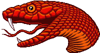 a cartoon drawing of a red snake with its mouth open