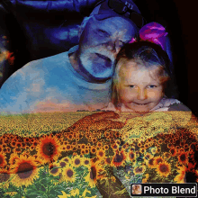 a picture of a man and a little girl with a sunflower field behind them