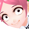 a close up of a cartoon character 's face with pink hair and white eyes .