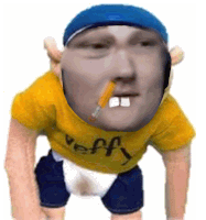 a cartoon character with a pencil in his mouth is wearing a yellow shirt and shorts .