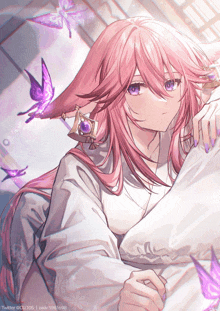 a painting of a girl with pink hair and purple butterflies