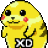 a pixel art drawing of a yellow dog with a xd sticker on it .