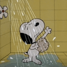 a cartoon of snoopy taking a shower holding a sponge