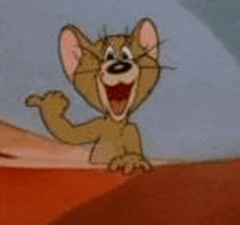 jerry from tom and jerry is smiling and waving his hand .