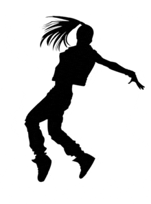 a silhouette of a woman jumping in the air with her hair in a ponytail