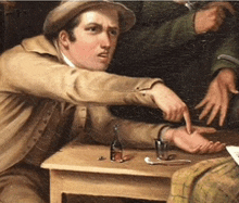 a painting of a man sitting at a table pointing to his hand