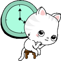 a cartoon cat is sitting on a stool with a clock behind it