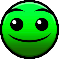 a green smiley face with black eyes and a smile