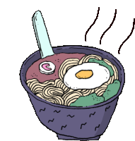 a cartoon drawing of a bowl of noodles with a spoon