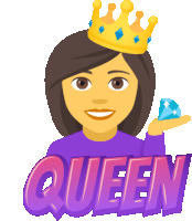 a woman with a crown on her head is holding a diamond and the word queen is behind her