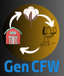 a drawing of a barn a cotton flower and a man carrying a load with the words gen cfw below them