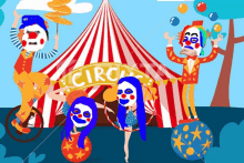 a group of clowns are performing at a circus tent