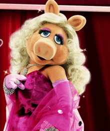 a stuffed pig wearing a pink dress and gloves