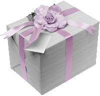 a gift box with a pink ribbon and a purple rose