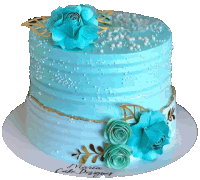 a blue cake with flowers and sprinkles has the name maria cake designer on it