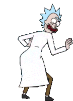 a cartoon character from rick and morty is dancing while wearing a white coat and brown pants .