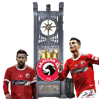 two soccer players are standing in front of a sign that says akallar sky