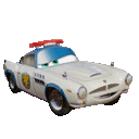 a white and blue police car from the movie cars