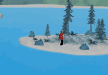 a man in a red sweater is standing on a small island in the middle of a lake .