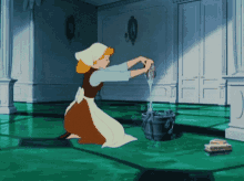 a cartoon of cinderella cleaning a floor with a bucket