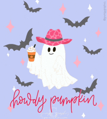 an illustration of a ghost wearing a pink cowboy hat and holding a cup of pumpkin spice latte