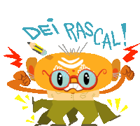 a cartoon character has a pencil in his head and the words " dei rascal " above him