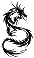 a black and white drawing of a tribal dragon with a long tail on a white background .