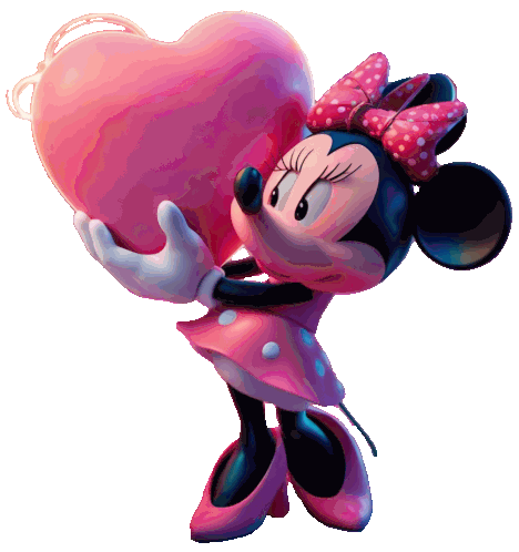 minnie mouse in a pink dress holding a pink heart