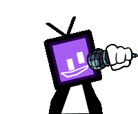 a cartoon character is holding a microphone in front of a purple tv .