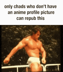 a shirtless arnold schwarzenegger is standing next to a railing in a meme