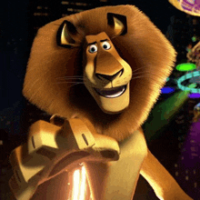 a cartoon lion is pointing at the camera with a light coming out of his mouth